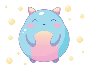 Chubby Kawaii Fantasy Creature with Bubbles