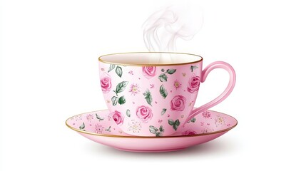 Fototapeta premium Elegant Pink Floral Teacup and Saucer Set - Delicate pink teacup and saucer, floral design, hot beverage, morning ritual, serenity.