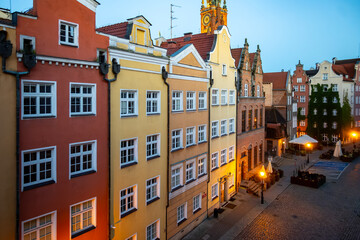 Colorful facades and buildings in old central part of Gdansk city, Poland in sunny day