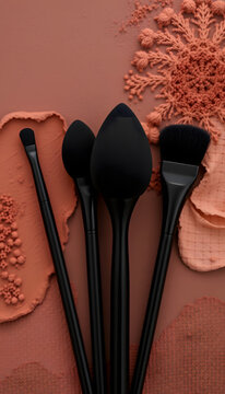 Black Makeup Brushes on Terracotta Background with Pigment Swatches

