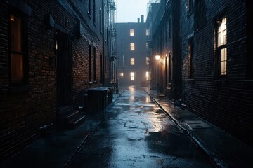 Old city structures frame a quiet, deserted alley in the rain.