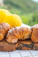 Italian desssert, Naples sfogliatella, shell-shaped layered pastry, with sweet custard-like filling made with semolina, ricotta, and candied citrus fruit