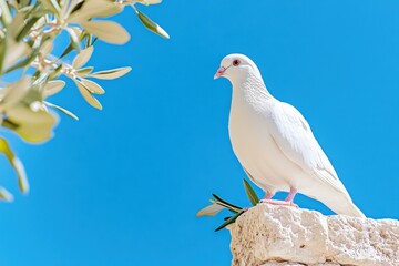 Fototapeta premium Peaceful white dove standing on a marble pedestal with an olive branch against ancient ruins and a vibrant blue sky