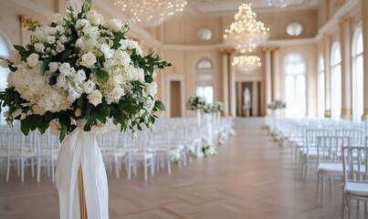 Elegant wedding venue adorned with floral arrangements and seating.