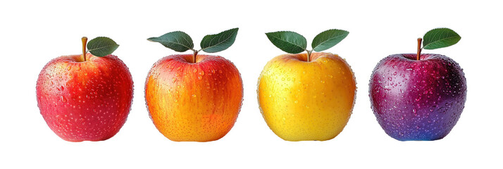 Colorful apples with leaves isolated on PNG transparent background.