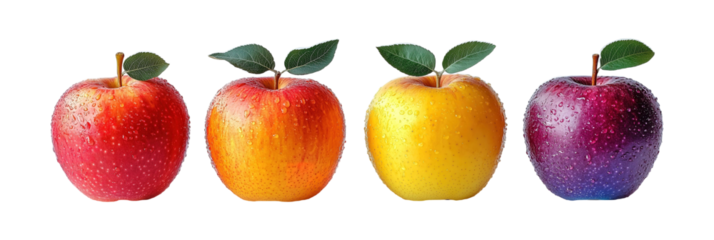 Colorful apples with leaves isolated on PNG transparent background.