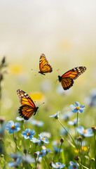a beautiful summer or spring meadow with two flying butterflies and blue flowers of forget me nots selective focus shallow depth of field illustration, with white tones