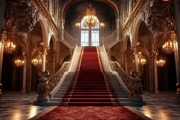 Obraz premium Nighttime view of an ornate staircase in a palace corridor.