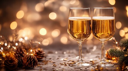 Two elegant glasses of champagne are set against a backdrop of warm, festive bokeh lights, evoking a celebratory atmosphere.