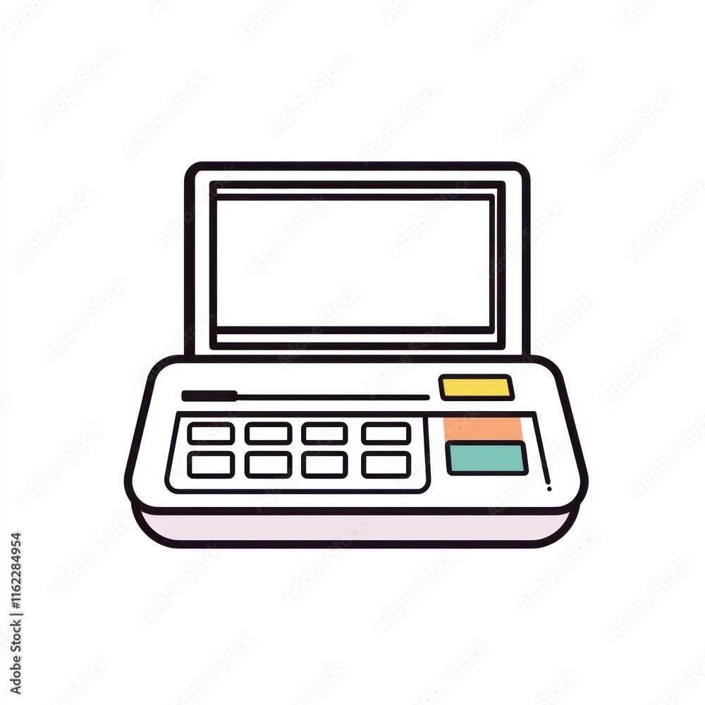 Poster retro laptop computer with blank screen and numeric keypad.