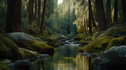 Obraz premium Serene Forest Stream Flows Through Mossy Rocks