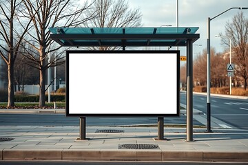 Obraz premium Blank Billboard Mockup: A large blank billboard, perfect for showcasing your message, stands prominently at a bustling bus stop.
