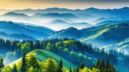 Serene mountain landscape with lush greenery and mist.