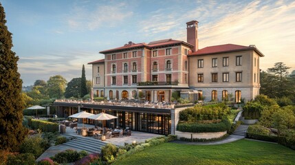 Elegant villa with outdoor dining and lush gardens.