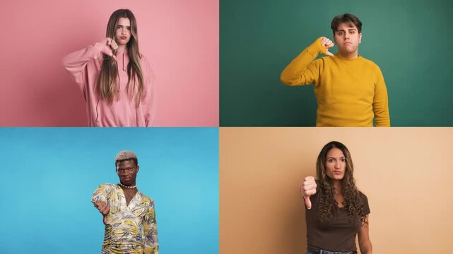 Multiple Screen Montage: Diverse men and women gesture dislike showing thumbs down