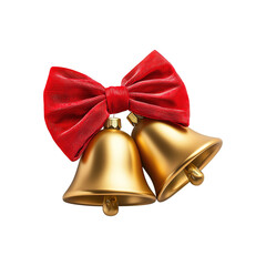 Golden holiday bells with decorative red bow, isolated on PNG cutout transparent background.