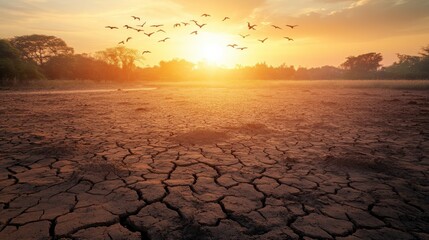 Migrating Birds Over Dry Arid Landscape at Sunset