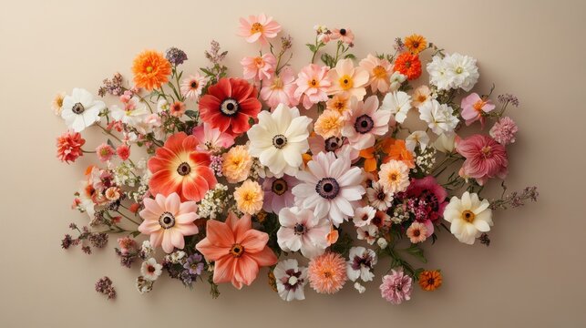 Flat lay of mixed colorful flower on light beige background