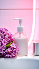 Bathroom dispenser, toilet soap and lilac inflorescences. Concept for spa, beauty and health salon, cosmetics store. Close up photo on white wooden background, glowing neon
