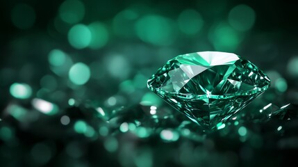Fototapeta premium A sparkling green gem glistens amid a backdrop of shimmering light, showcasing its brilliance and allure.