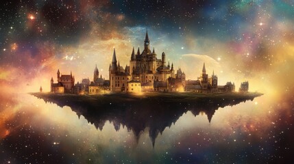 Naklejka premium A Floating Castle City Amongst The Stars