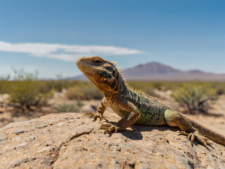 Fototapeta premium Sunbathing Lizards on Desert Rocks: A vibrant desert lizard basking on a sunlit rock, surrounded by dry, cracked soil and sparse desert vegetation under the summer sky.