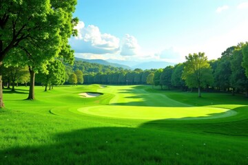 Obraz premium Lush green golf course fairway, vibrant texture, grass, golf