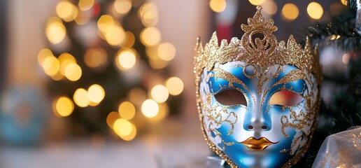 A decorative mask with blue and gold accents near a Christmas tree.