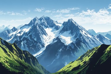 Fototapeta premium Snowy Mountain Range with Green Slopes and Blue Sky