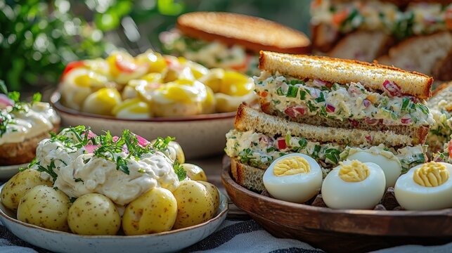 Family picnic featuring delicious dishes with mayonnaise, colorful and vibrant atmosphere