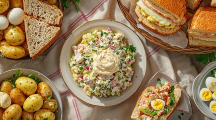 Family picnic with mayonnaise dishes and colorful foods in the sun