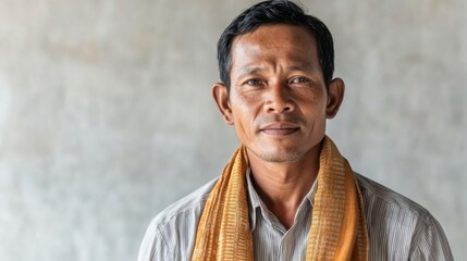 Cambodian Man Wearing Traditional Krama Scarf