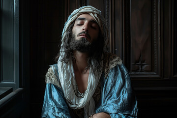Portrait of a handsome man with a beard wearing biblical clothing with a white head scarf and blue robes..