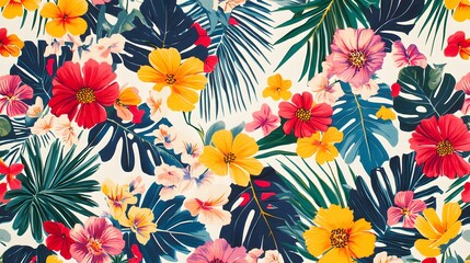 Vibrant Tropical Floral Pattern Featuring Exotic Blooms and Lush Leaves