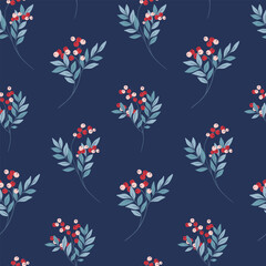 Seamless botanical pattern with hand drawn winter plants on blue background. Elegant floral design of large branches with small wild berries, rowan twigs in repeat composition. Vector illustration.