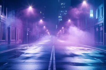 A foggy urban street illuminated by colorful streetlights at night.