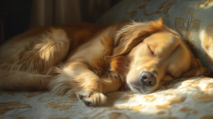 peaceful golden retriever curled up on soft rug, enjoying nap