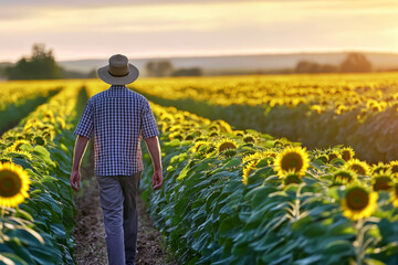 Fototapeta premium Back view of a farmer walking through a sunflower field, touching the flowers as he walks, golden sunlight creating a dreamy atmosphere.