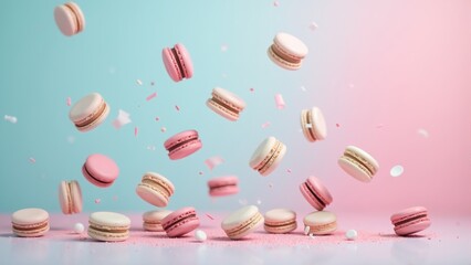 Delightful macarons float in a dreamy pink and blue backdrop during a cheerful pastry celebration