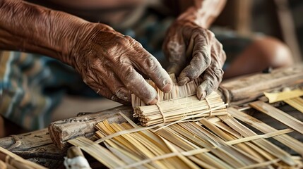 A close-up of a craftsman weaving bamboo strips to form the base of a square besek. His skilled hands interlace the bamboo in a traditional pattern, with strips arranged on a wooden workbench.