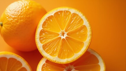 Fototapeta premium Freshly sliced oranges on a vibrant orange background showcasing their juicy appeal