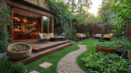 A backyard featuring a composting system, vegetable garden, and environmentally-friendly outdoor furniture.