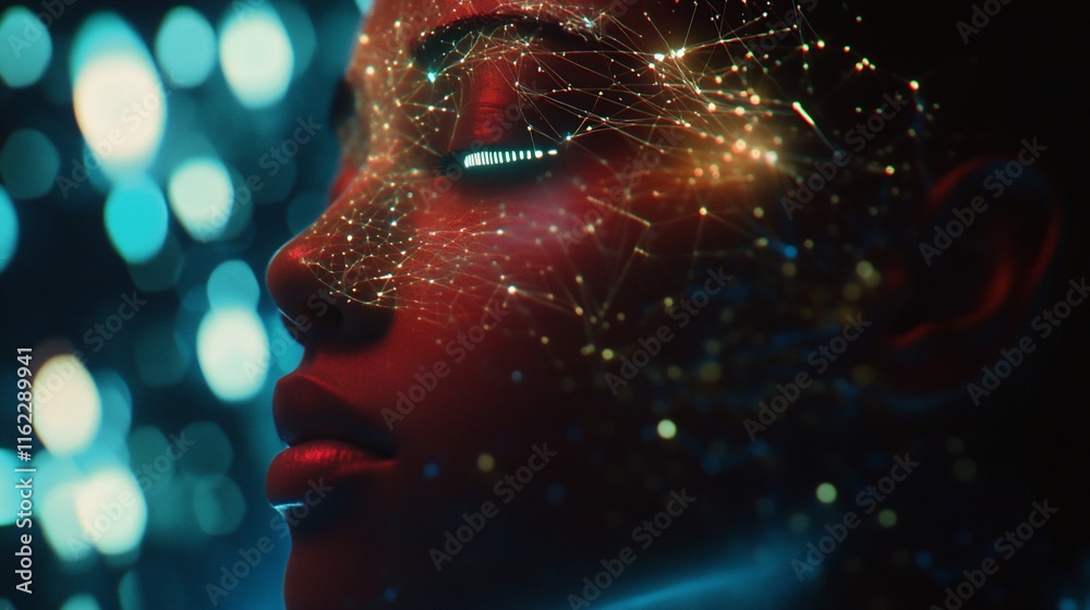 Poster a close-up of a face illuminated with colorful, digital patterns.