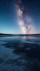 Fototapeta premium Dark Matter Skies Reflecting on a Frozen Lake, studio photography, with white tones