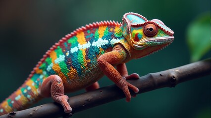 Obraz premium Vibrant chameleon resting on a branch in a lush tropical forest