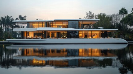 Naklejka premium Modern luxury floating house on calm water at dusk.
