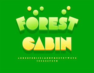 Vector Touristic badge Forest Cabin. Creative Green Font. Cool Geometric style Alphabet Letters and Numbers set.