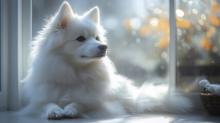 serene Japanese Spitz sitting on white floor, enjoying sunlight