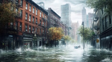 Fototapeta premium Residents Navigate Flooded City Streets Amidst Stormy Weather