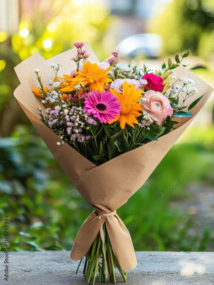 Poster Colorful flower bouquet with kraft paper wrap and plenty of copy space for customization and mock up. Generative AI